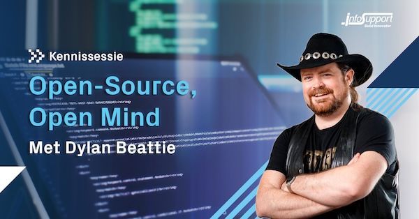 A promo banner for the meetup "Open Source, Open Mind Met Dylan Beattie"