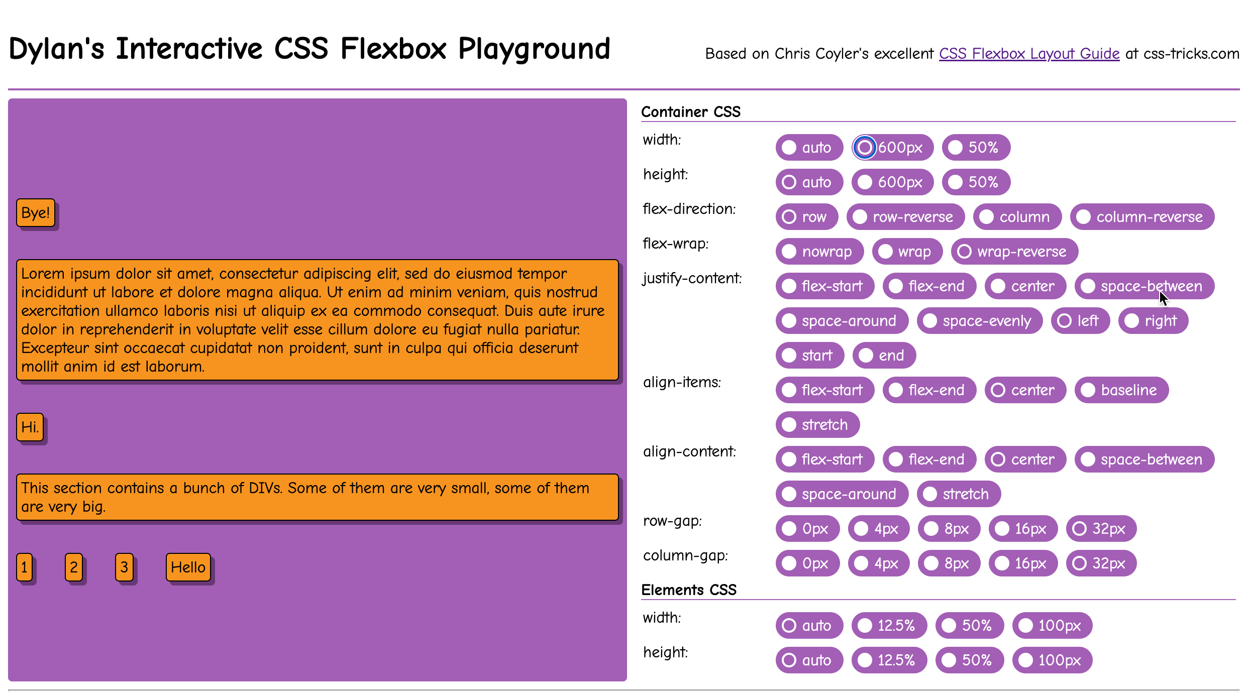 A screenshot of Dylan's Interactive CSS Flexbox Playground