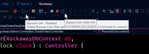 A screenshot of the Visual Studio 2022 menu bar, showing an arrow rotating clockwise with the tooltip \"Browser Link - Disabled\" and an arrow rotating counterclockwise with the tooltip \"Restart \(Ctrl+Shift+F5\)\"