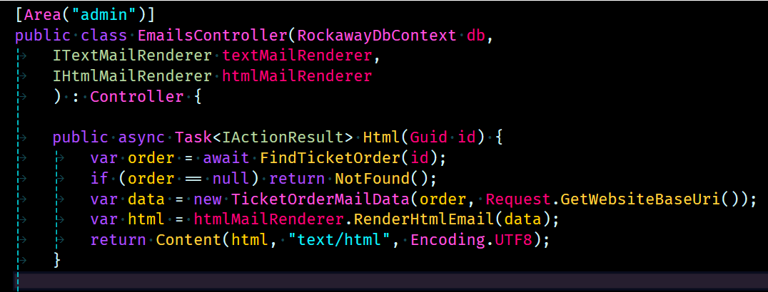 A screenshot of some C# code in Visual Studio 2022, with a synthwave colour scheme applied.