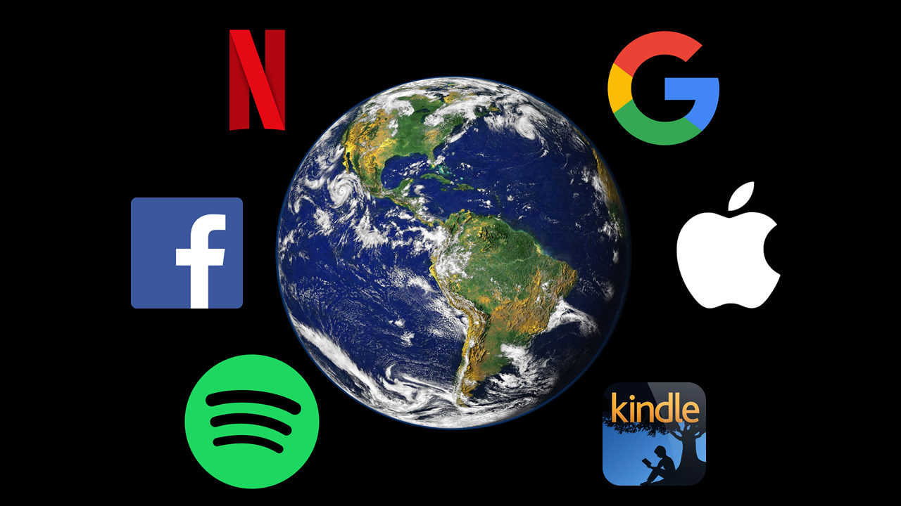 A slide showing the planet Earth surrounded by logos for technology companies – Spotify, Facebook, Netflix, Google, Apple and Amazon Kindle