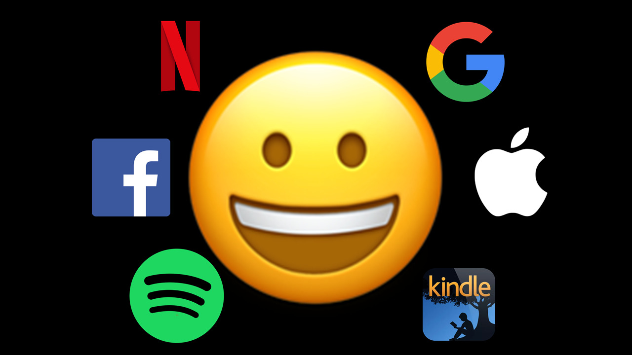 A slide showing a smiling face emoji surrounded by logos for technology companies – Spotify, Facebook, Netflix, Google, Apple and Amazon Kindle