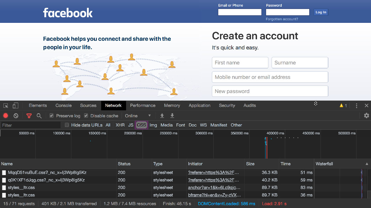 A screenshot showing the Google Chrome network inspector for facebook.com