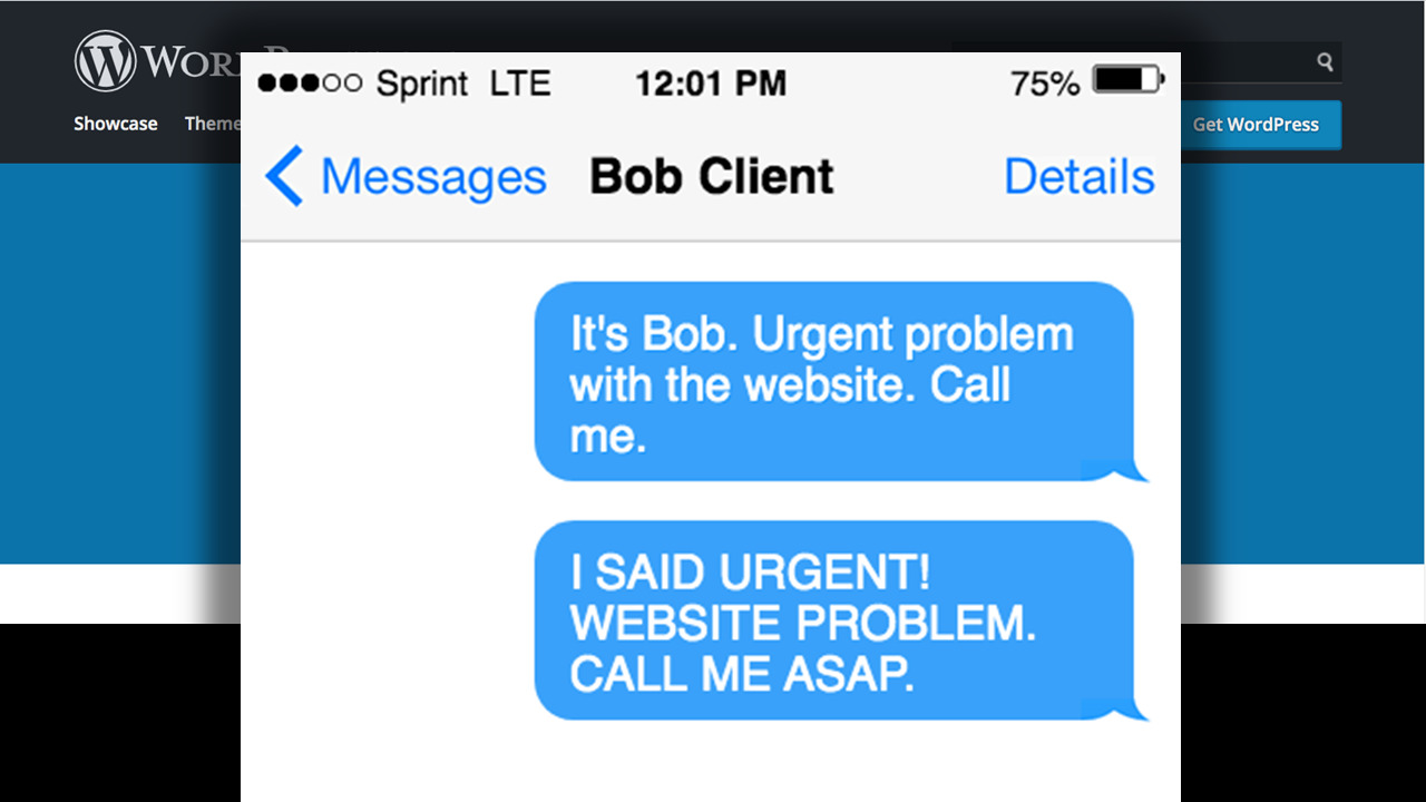 A mocked-up mobile phone screen showing two messages from Bob Client about an urgent website problem