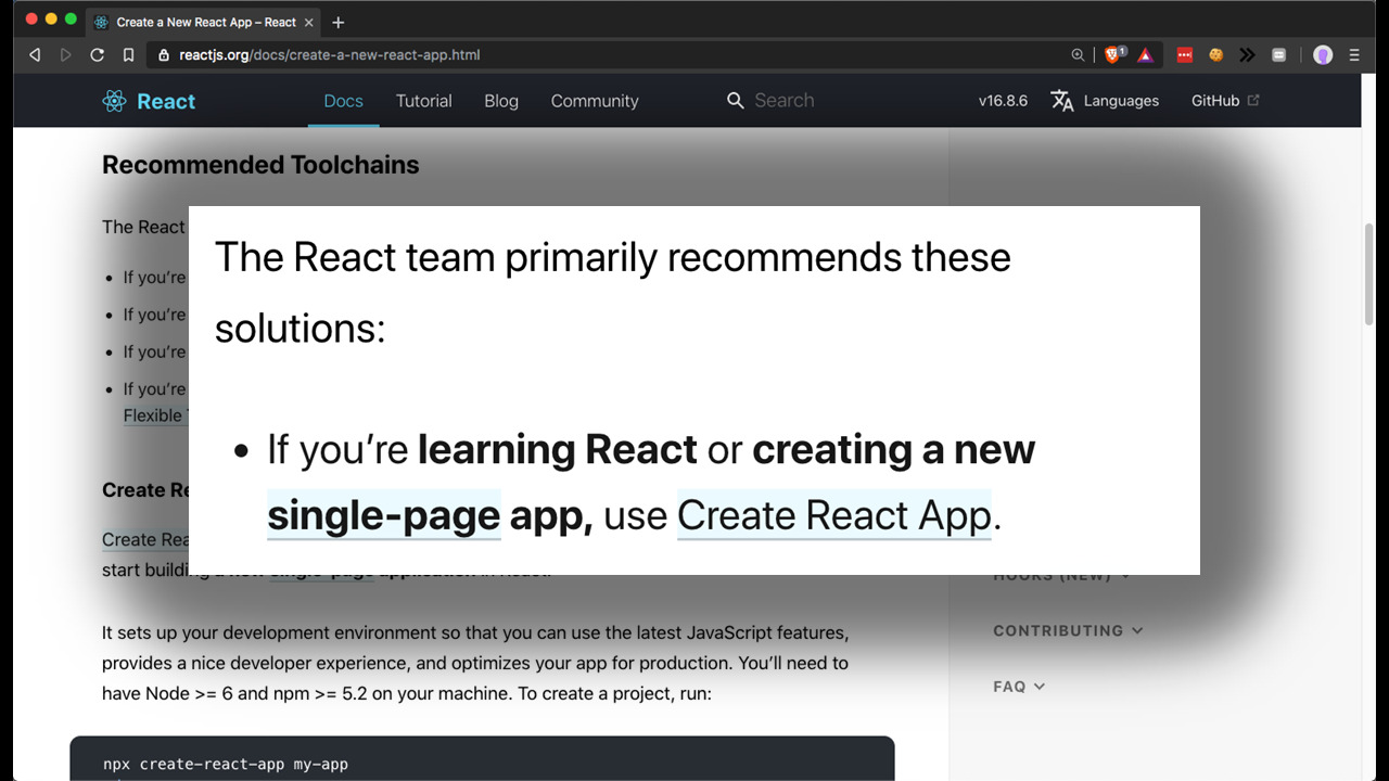 A screenshot of a page from reactjs.org, with the words "The React team primarily recommends these solutions: if you're learning React or creating a new single-page app, use Create React App"