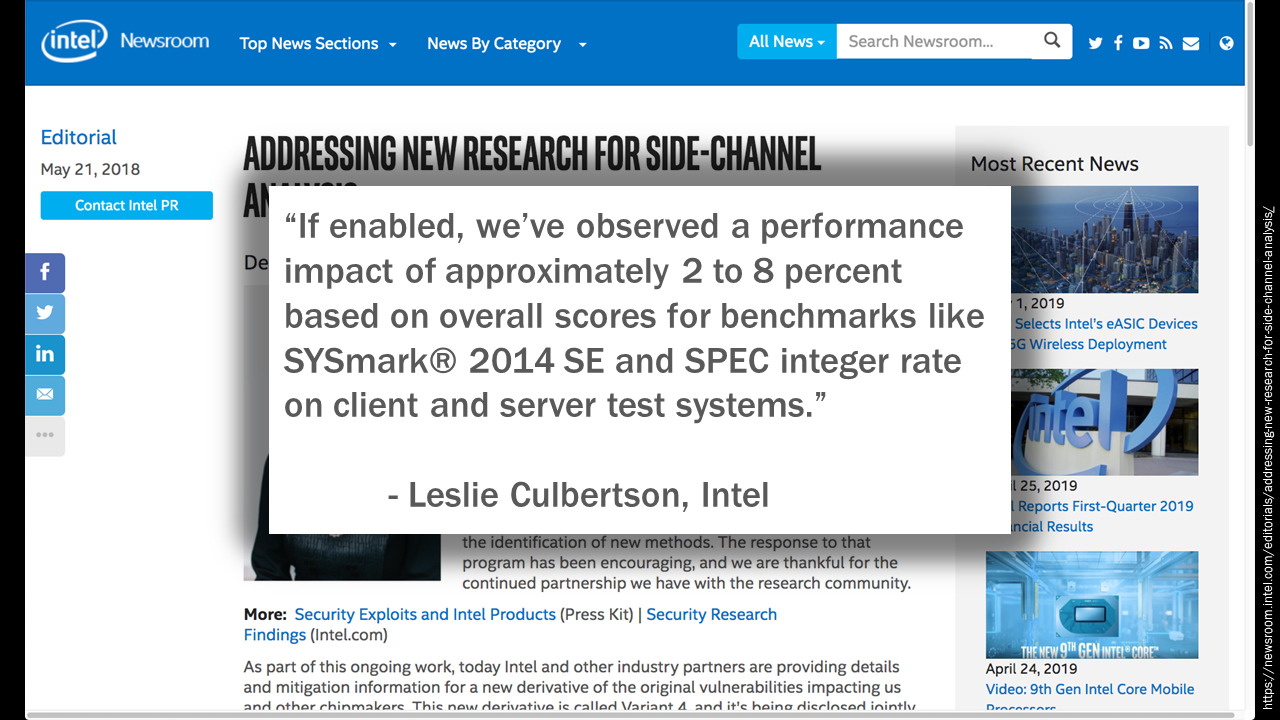 Quote: "If enabled, we've observed a performance impact of approximately 2 to 8 percent based on overall scores for benchmarks like SYSmark 2014 SE and SPEC integer rate on client and server test systems" – Leslie Culbertson, Intel