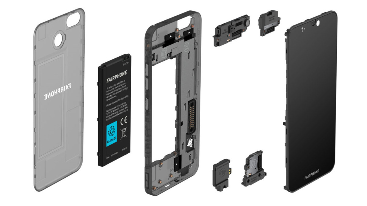 Exploded view of the Fairphone 3 modular smartphone handset / fairphone.com