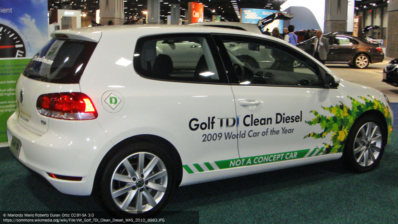 Photograph of a Volkswagen Golf TDI car with the words 'Golf TDI Clean Diesel' printed on the side