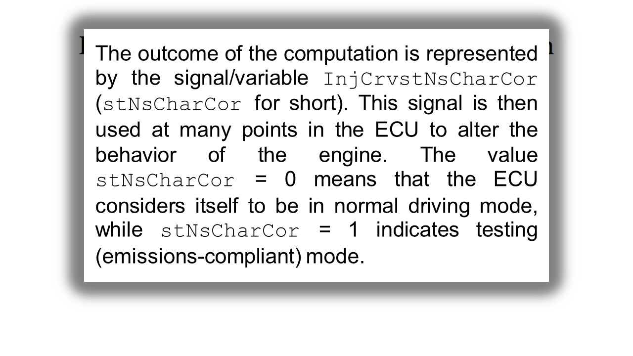 Extract from a scientific paper showing an explanation of the code used in the Volkswagen engine management software.