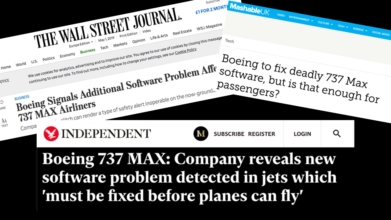 Newspaper headlines referring to the 'software problem' affecting the Boeing 737 MAX 8