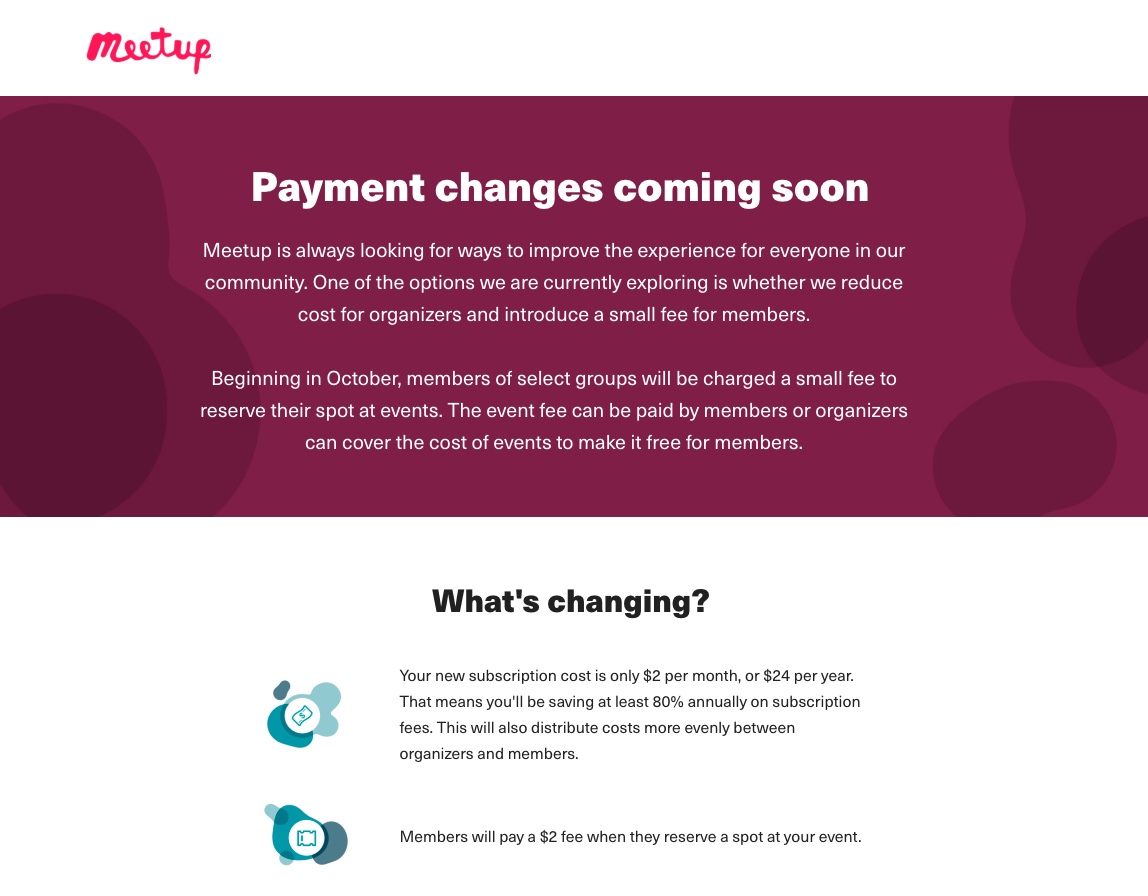 A screenshot of the meetup.com website announcing their plans to charge members a $2 fee to register for events