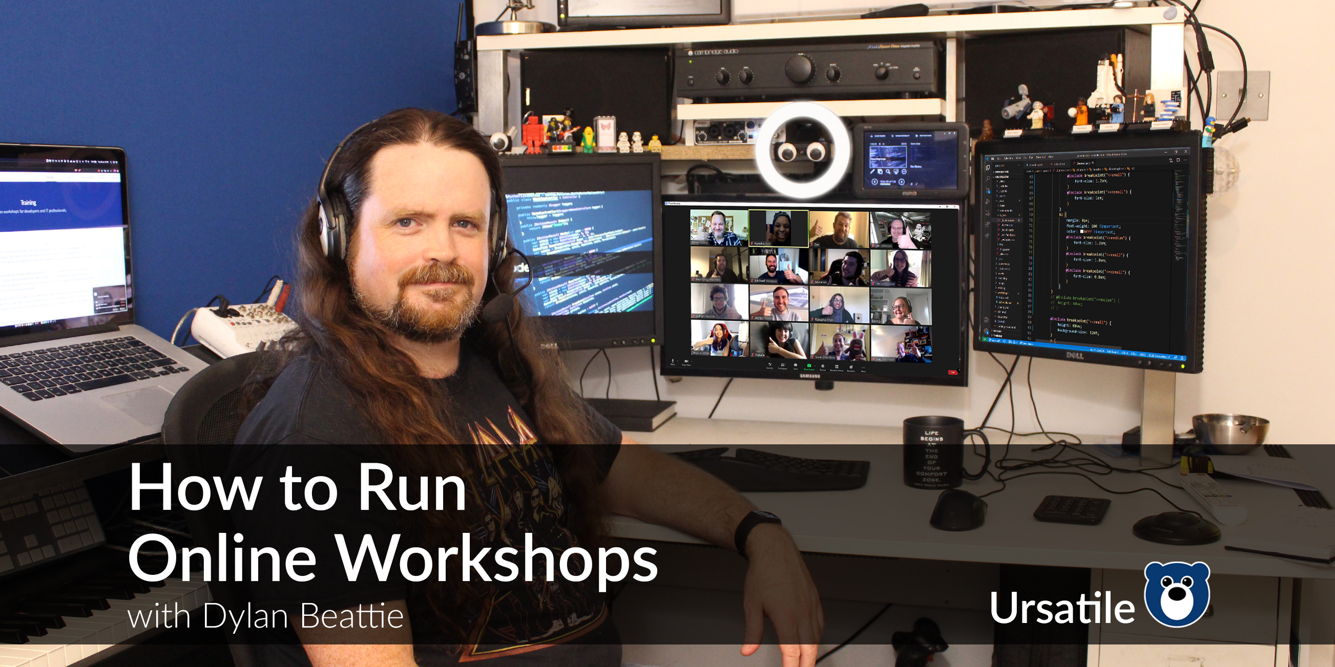 Dylan Beattie sitting at a computer, behind a banner promoting How To Run Online Workshops