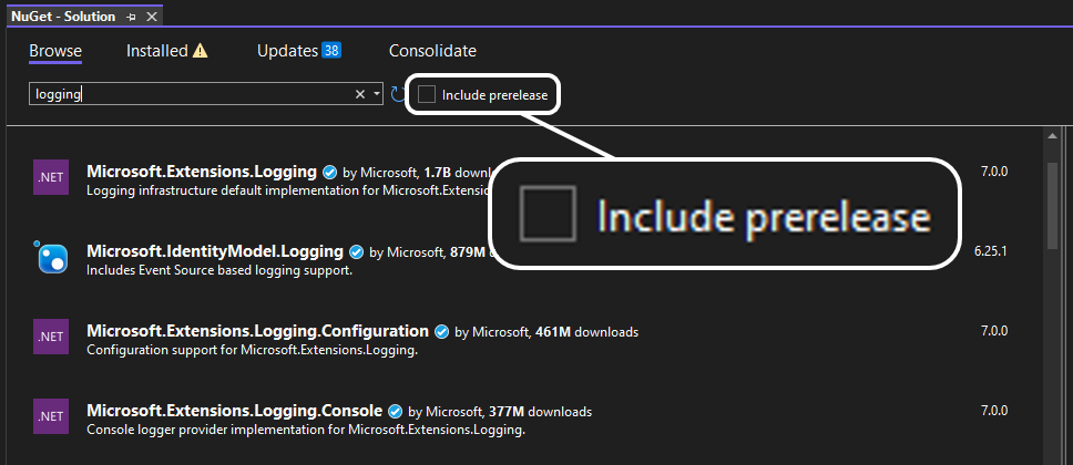 A screenshot of the NuGet package manager interface, with the "Include prerelease" checkbox highlighted