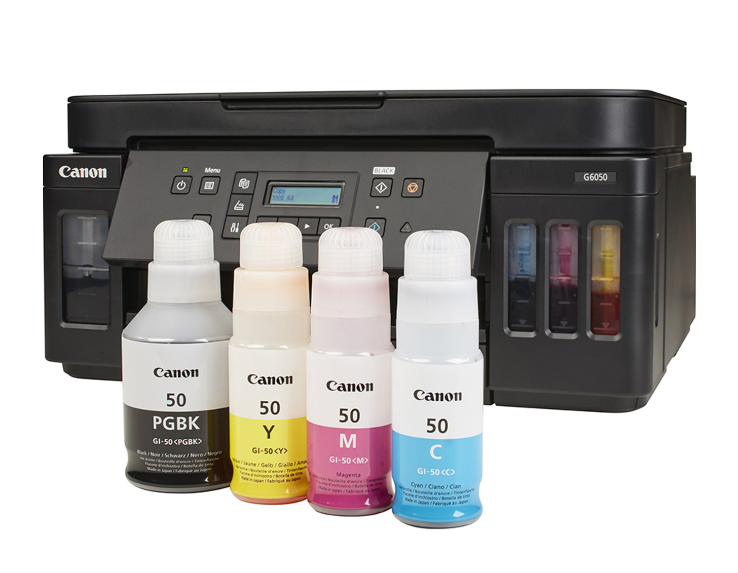 a photograph of an inkjet printer with four plastic bottles of printer ink.