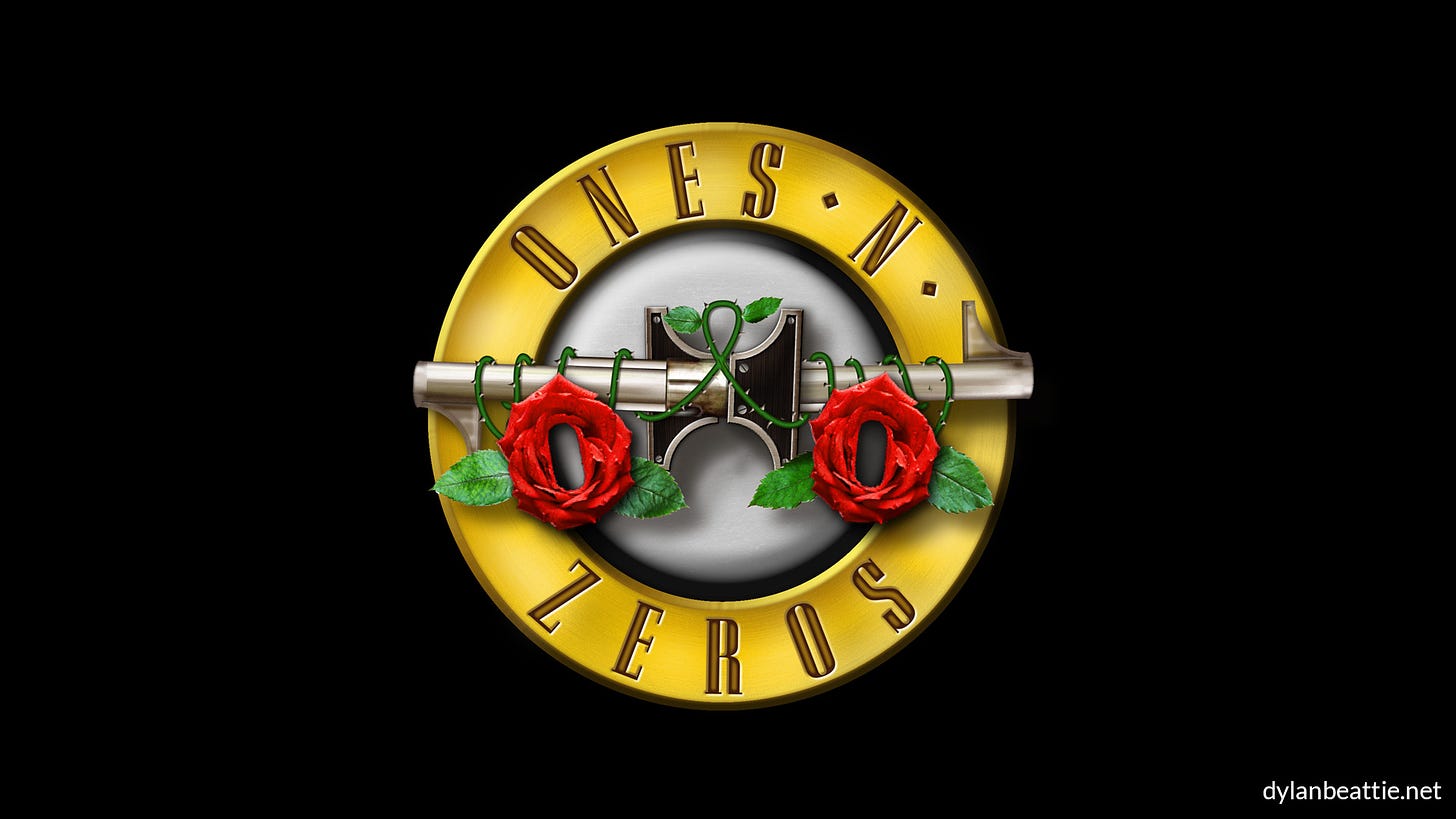 A parody of the Guns n' Roses band logo. The words GUNS N  ROSES have been replaced with ONES N ZEROS, the pistols on the original logo are stylised metal digit 1s, and the roses have been replaced with stylised red roses in the shape of a digit 0.