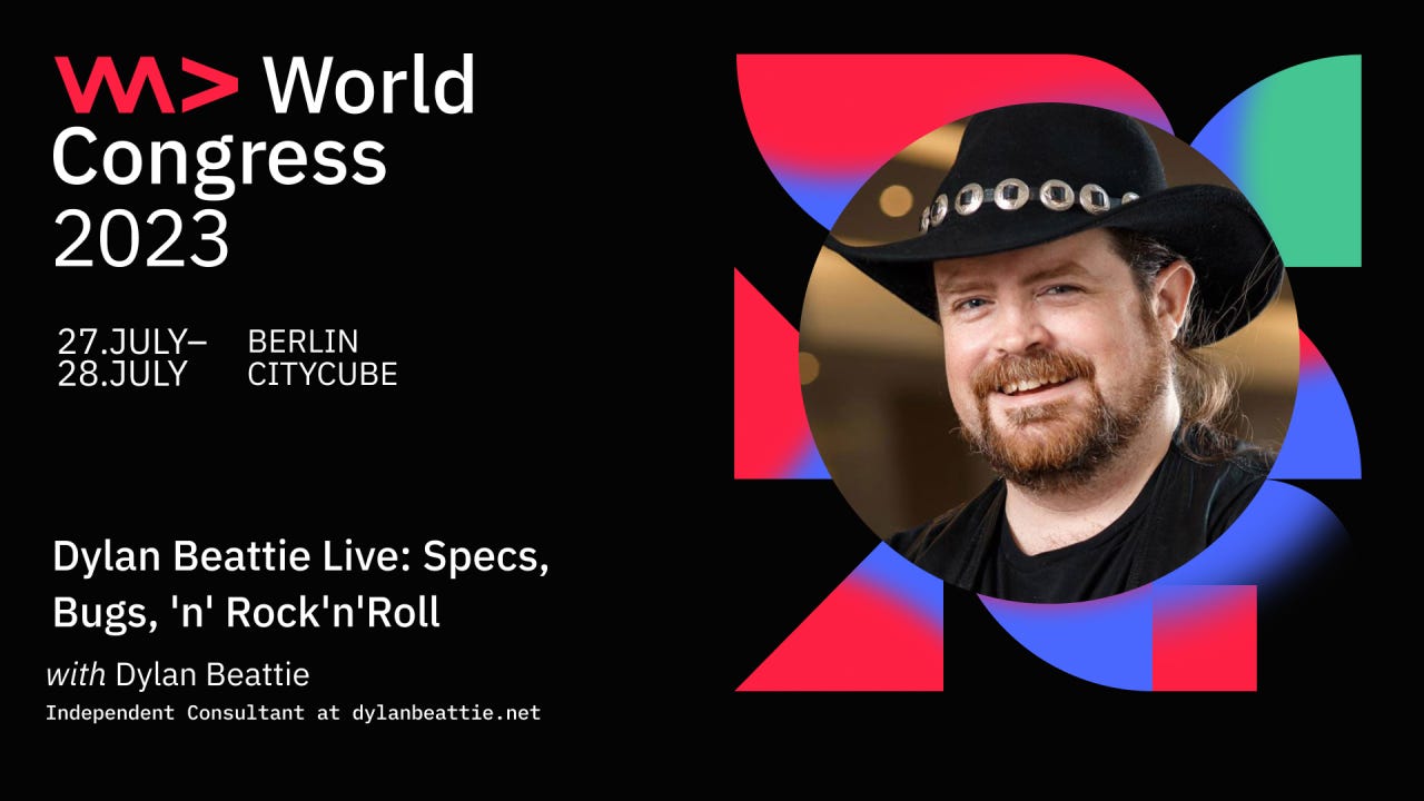 A "speaker card" from We Are Developers World Congress, advertising Dylan Beattie Live: Specs, Bugs 'n' Rock'n'Roll. 27-28 July, Berlin CityCube. Also a grinning picture of me before I had any grey in my beard. I gotta get some new pictures, you know.