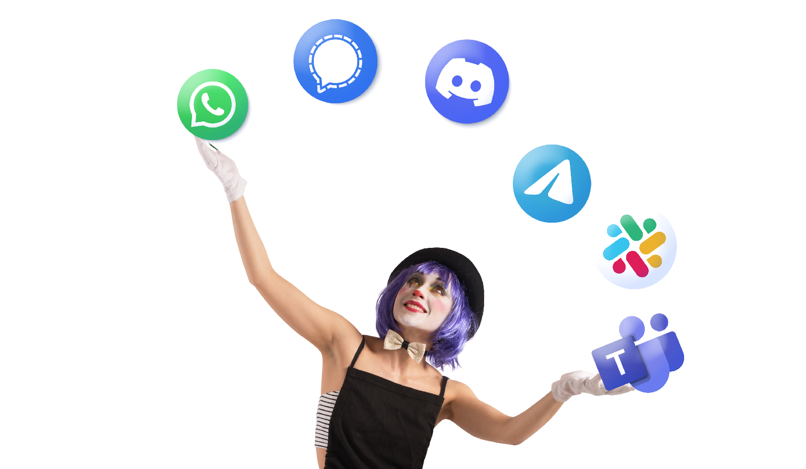 a woman in clown make-up juggling icons for popular chat systems - WhatsApp, Signal, Discord, Telegram, Slack, Teams