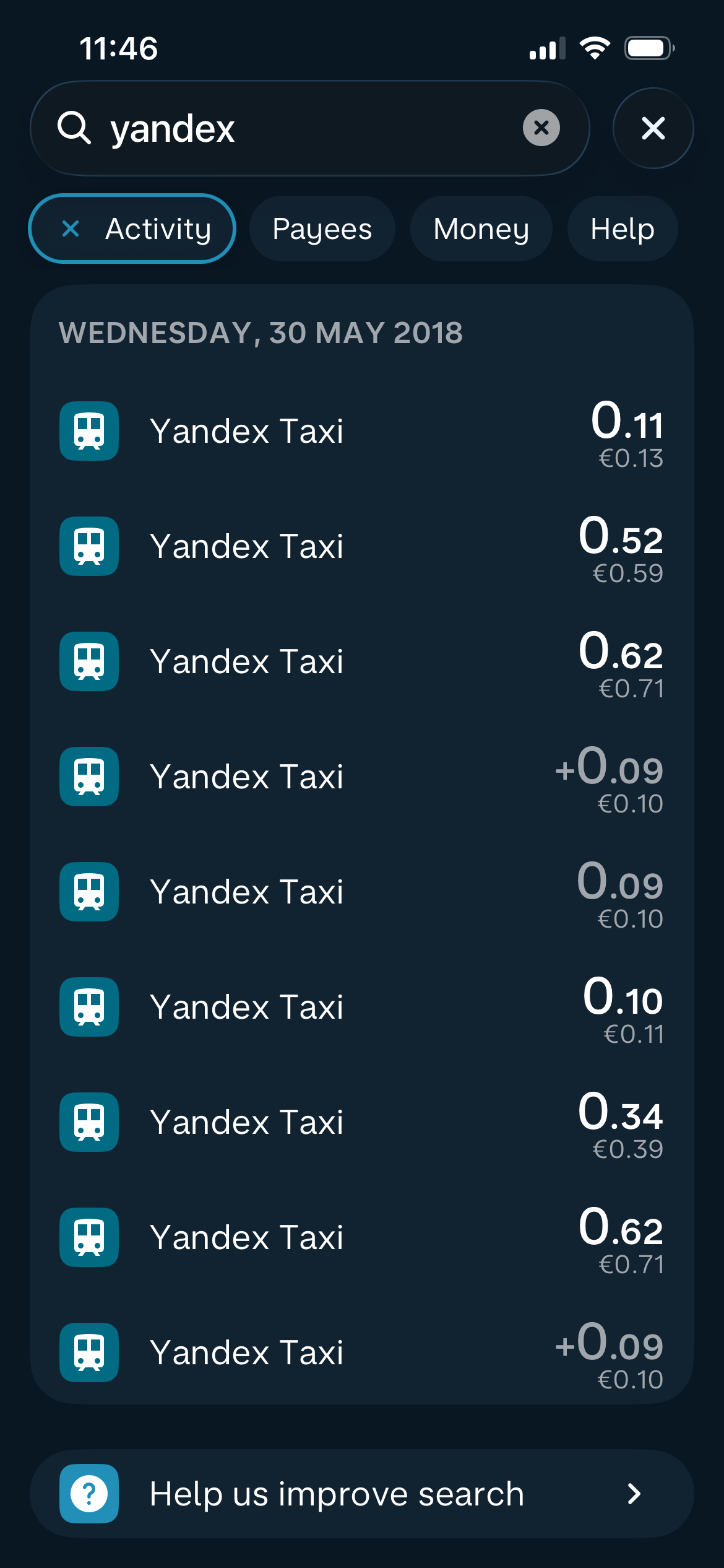 A screenshot of the Monzo app showing a series of very low-value payments to Yandex Taxi