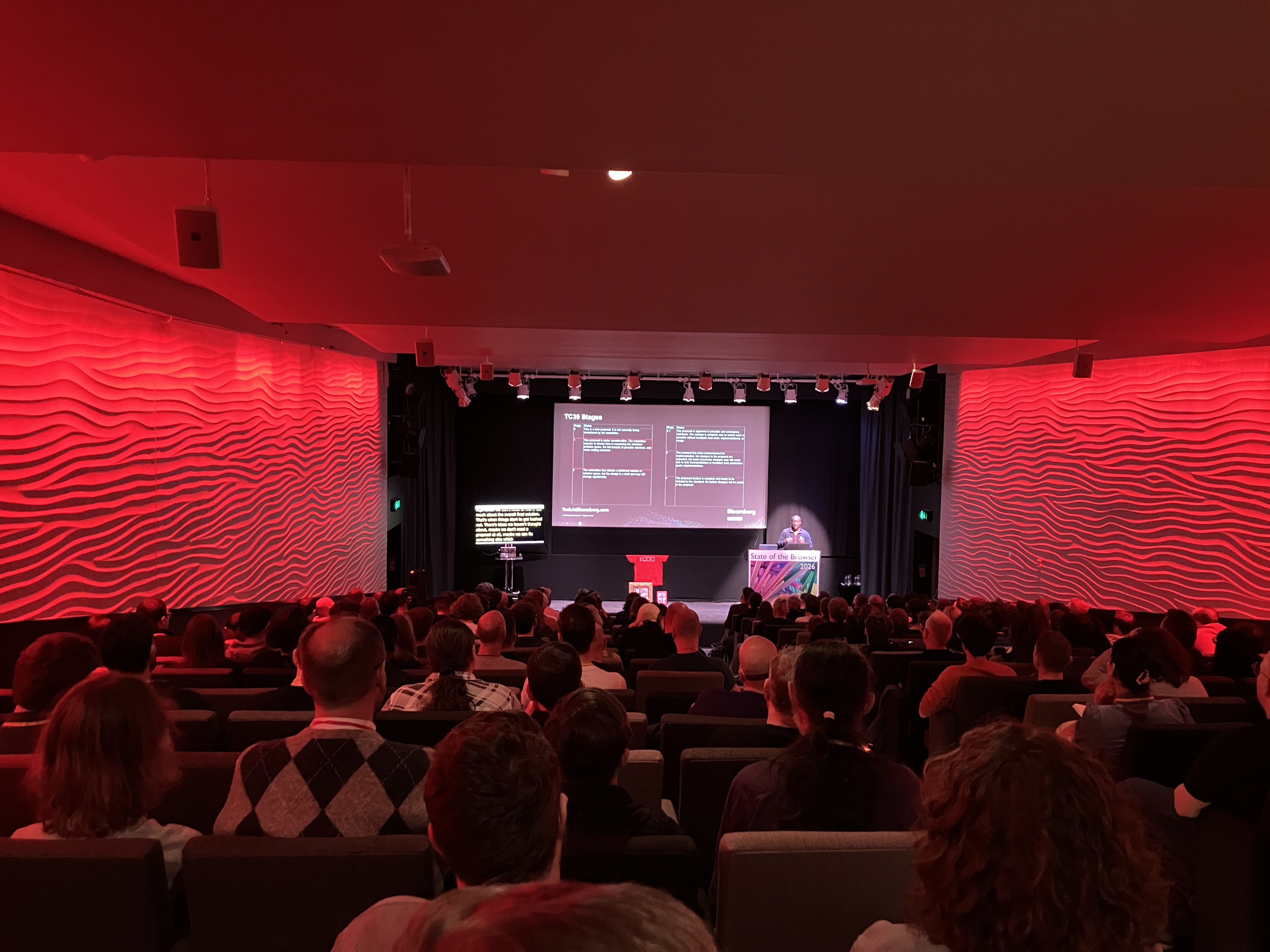 Jason Williams presenting the TC39 Stages at State of the Browser 2026.