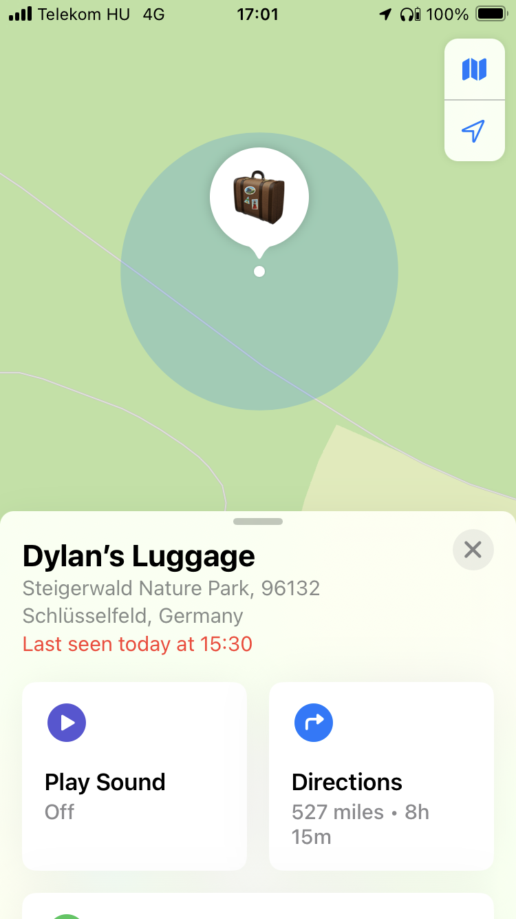 A screenshot of Apple's 'Find my Device' app showing Dylan's Luggage in the Steigerwald Nature Park in Germany.
