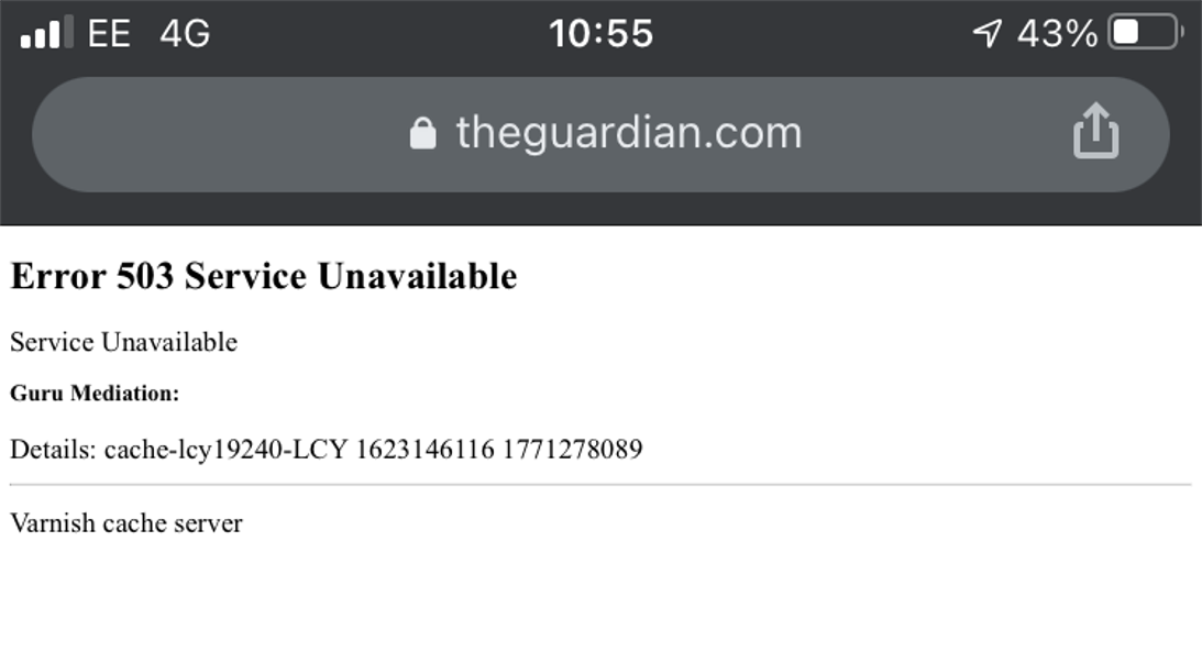 iPhone screenshot showing a Varnish cache error from the Guardian website